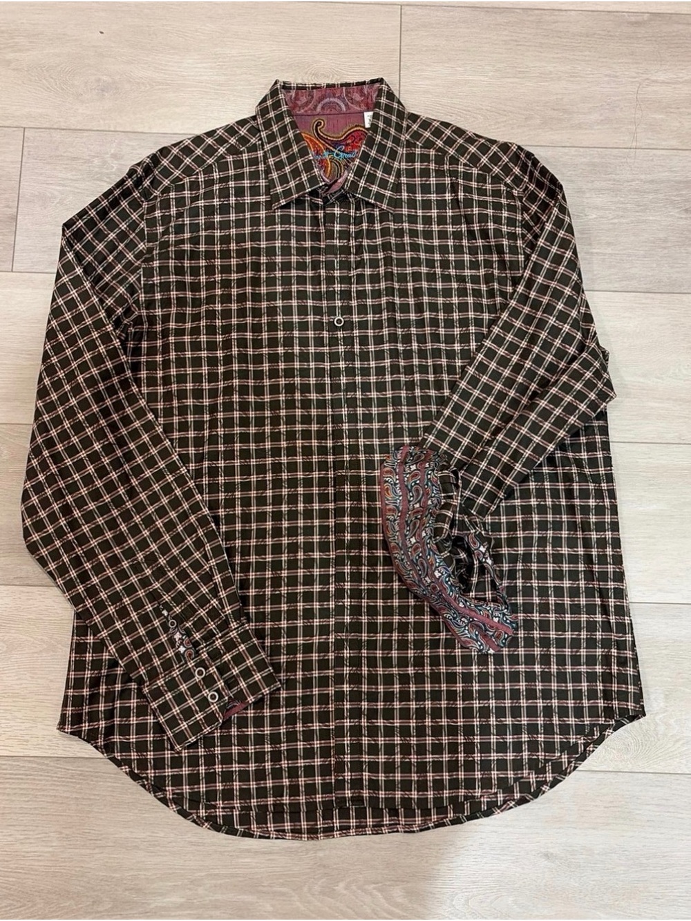 Robert Graham Brown Plaid Button-Down Shirt with Paisley Trim